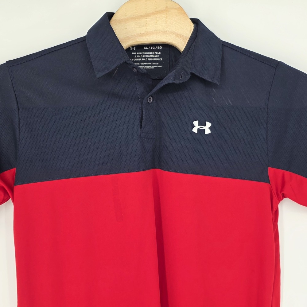 Under Armour Performance Polo Shirt Mens XL Blue Red Colorblock Loose Golf